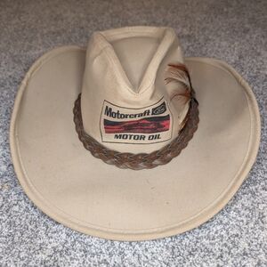 VTG Ford Motorcraft Motor Oil Tan Cowboy Hat With Feather Size Small RARE